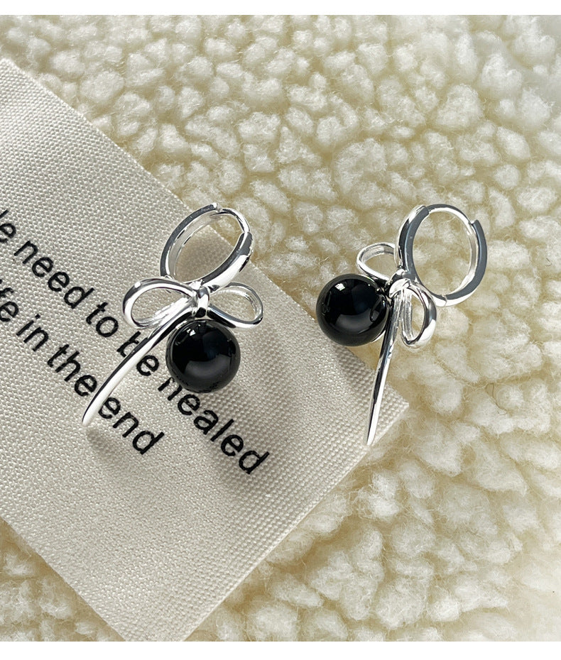 Bow Charm Pearl & Onyx Ear Cuffs