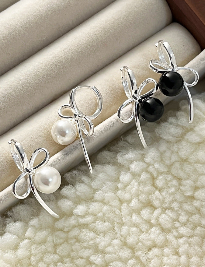 Bow Charm Pearl & Onyx Ear Cuffs
