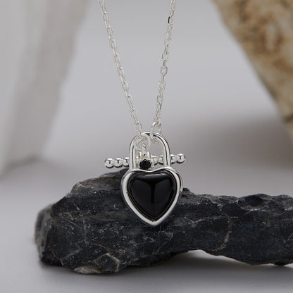 Silver Heart Lock Necklace with Black Onyx