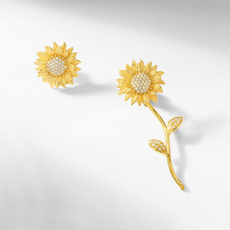 Sunny Asymmetric Hand-Brushed Sunflower Stud Earrings