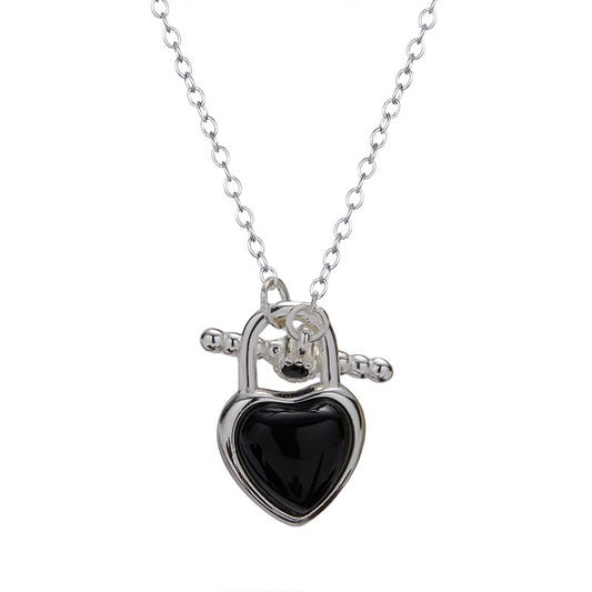 Silver Heart Lock Necklace with Black Onyx